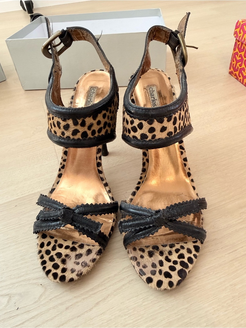 Charles David Leopard-Print Ankle-Strap Heels in Black and Tan